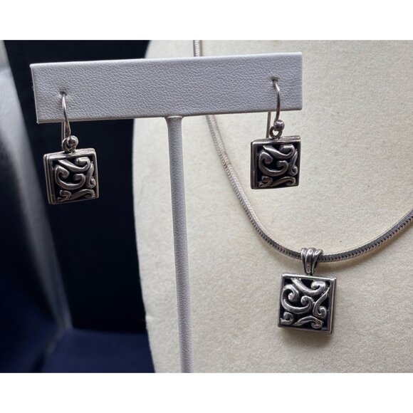 925 Silver Snake Chain + Solid Pendant + Earring Set w/ Scroll Design + Patina - Picture 2 of 8